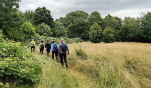 Baumberge Verein Eine Gruppe von Menschen mit Rucksäcken läuft unter einem bewölkten Himmel durch eine Wiese in Richtung eines Waldgebiets.