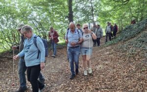 Wandergruppe des Blinden- und Sehbehindertenvereins Münster und des Baumberge Vereins auf einem Waldweg in den Baumbergen