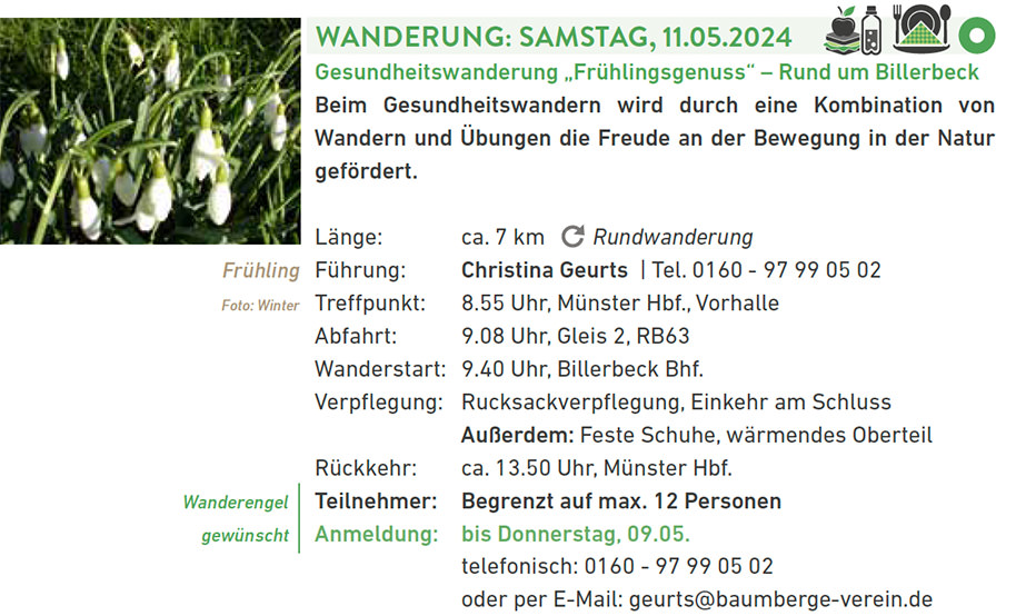 Baumberge Verein Ein Flyer mit einem Bild von Schneeglöckchen.