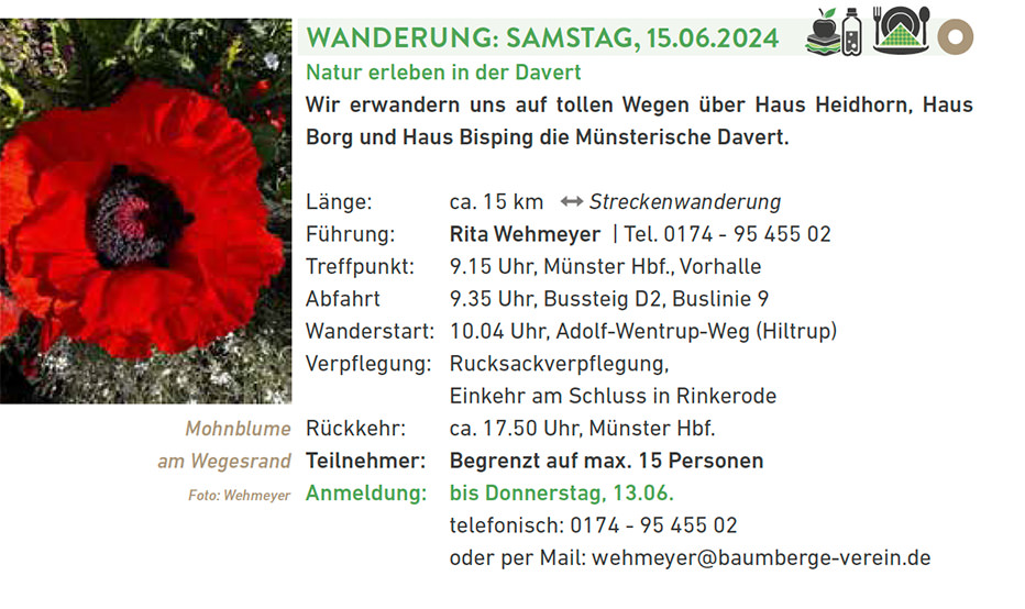 Baumberge Verein Ein Flyer mit einer roten Mohnblume darauf.