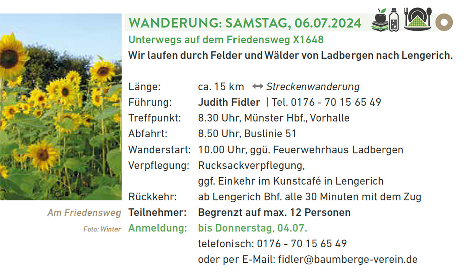 Baumberge Verein Ein Flyer mit Sonnenblumen im Hintergrund.