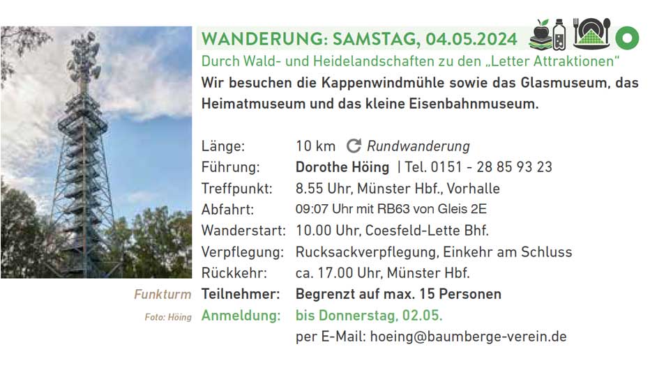 Baumberge Verein Veranstaltungsflyer für eine geführte Wanderung am 5. Mai 2024 mit Angaben zur Route, zum Ausgangspunkt und Kontaktinformationen sowie einem Hintergrundbild eines Funkturms in einer grünen Umgebung.