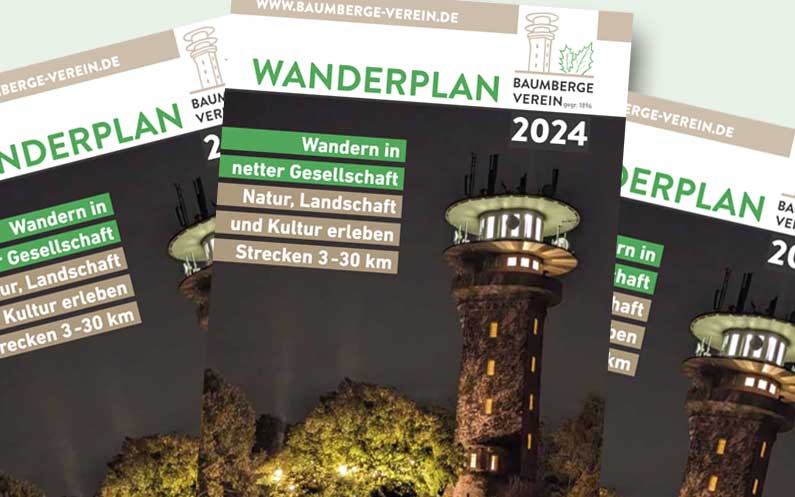 Baumberge Verein Broschüren für eine Wanderveranstaltung des Baumbergevereins im Jahr 2024 mit der Abbildung eines Turms inmitten der Natur.